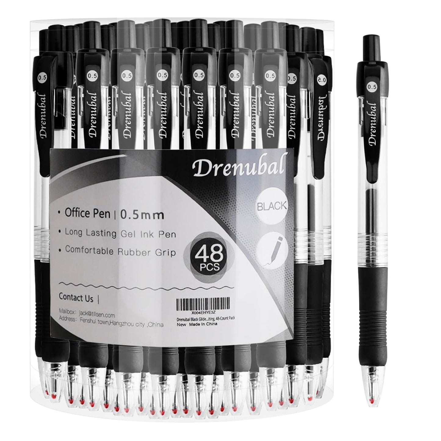 Drenubal Black Glide Retractable Ball Pens, Medium Point (0.5mm), Comfortable Rubber Grip For Writing, 48-Count Pack