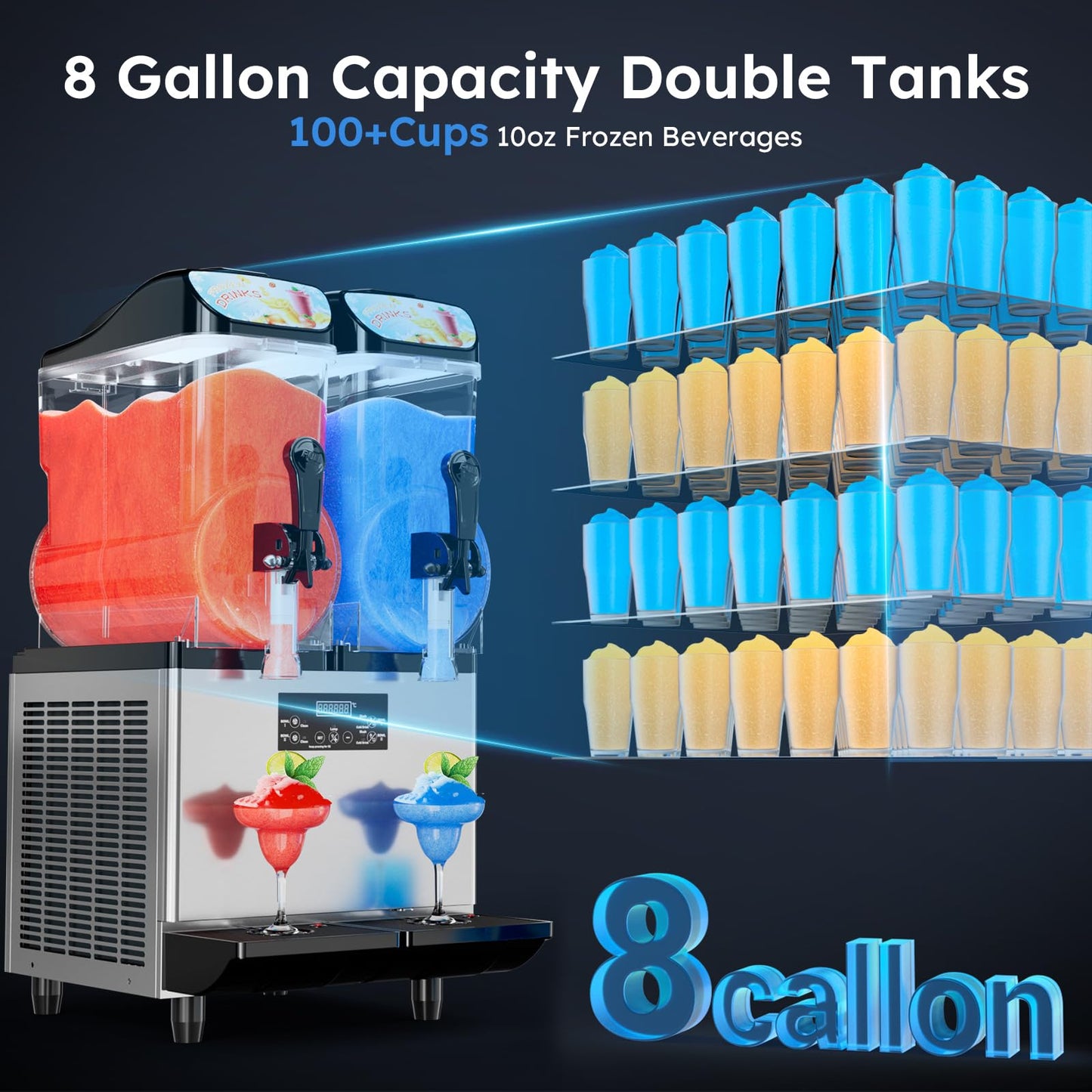 8Gal/30L Commercial Slushy Machine,Independently Control 2 Tank's Temp,5-45 Minutes to Make Margarita & Slushie & Cold Drink,Built-in LED Light,110V Professional Frozen Drink Maker with Self-cleaning