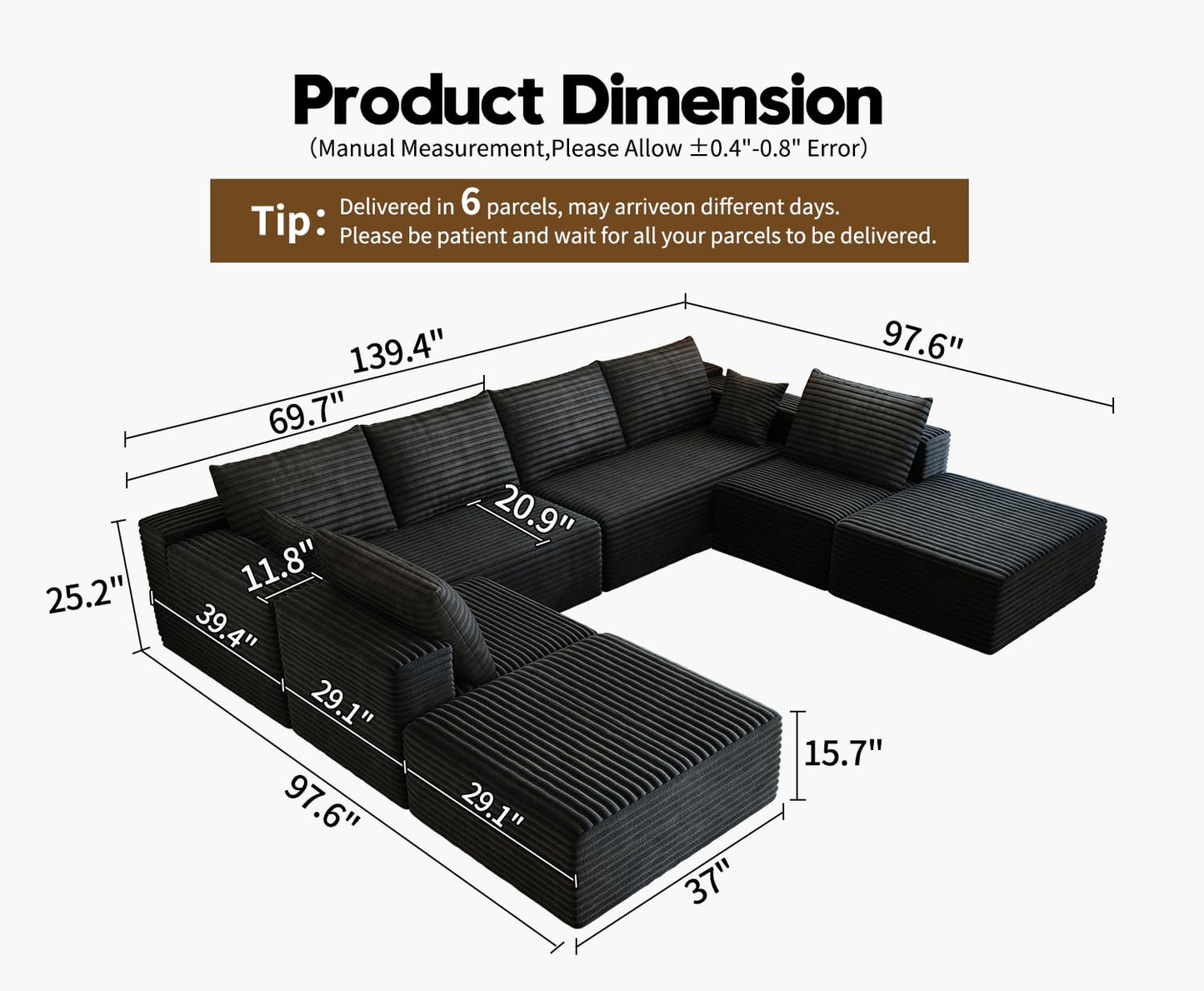 139.4" Modular Sectional Sofa Couch, Oversized U-Shaped Minimalist Couches with 2 Ottomans Chaise and 2 Middle Seats, Modern Deep Seat Cloud Plush Corduroy Sofas Set for Living Room, 8 Seater, Black