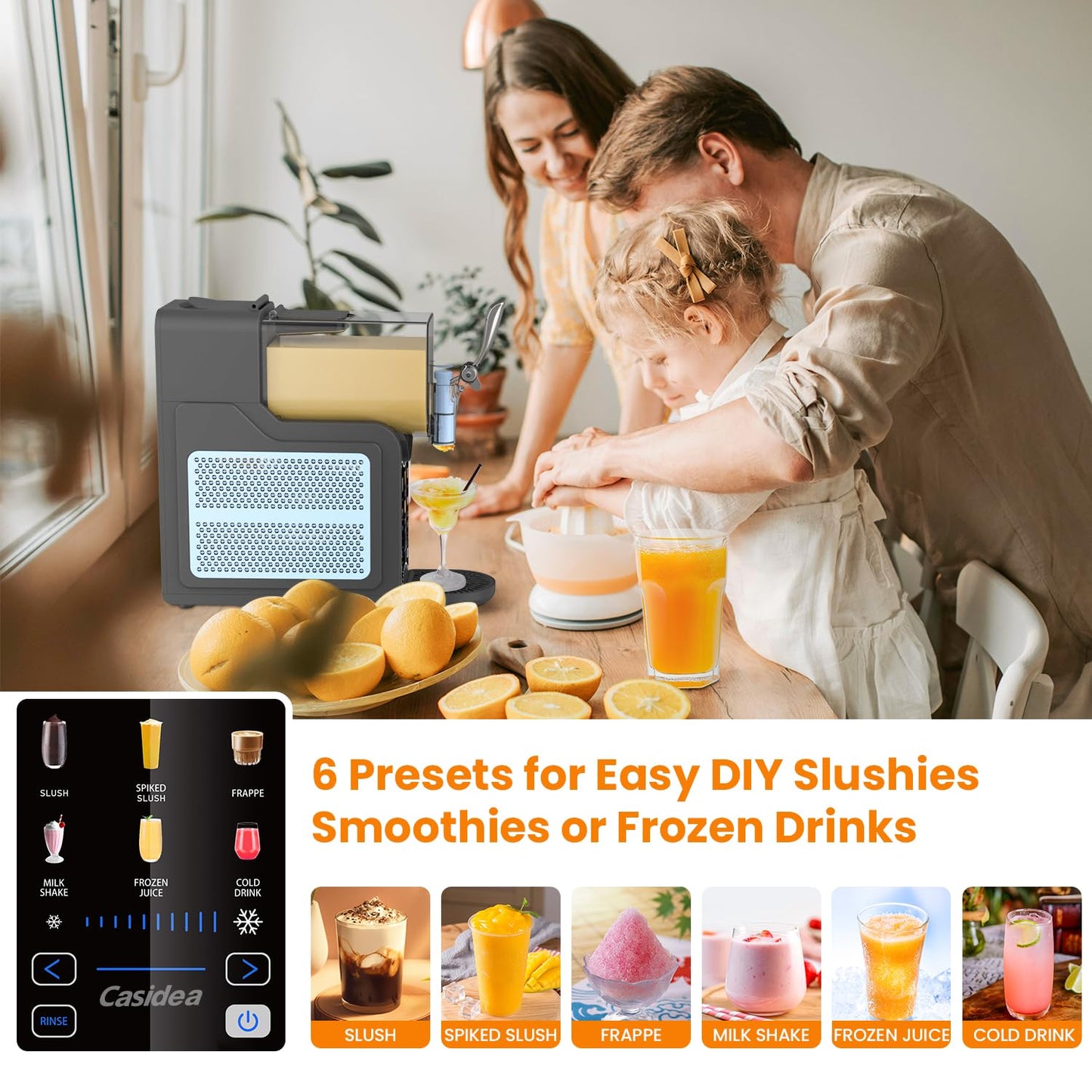 CASIDEA 6 in 1 Slushie Machine for Home, No Ice Needed Slushy Machine 88oz Frozen Drink Maker, Bigger Tank, Auto Clean, Easy to Make Slush, Juice, Frappe, Milk Shake, Cold Drink and Cocktail