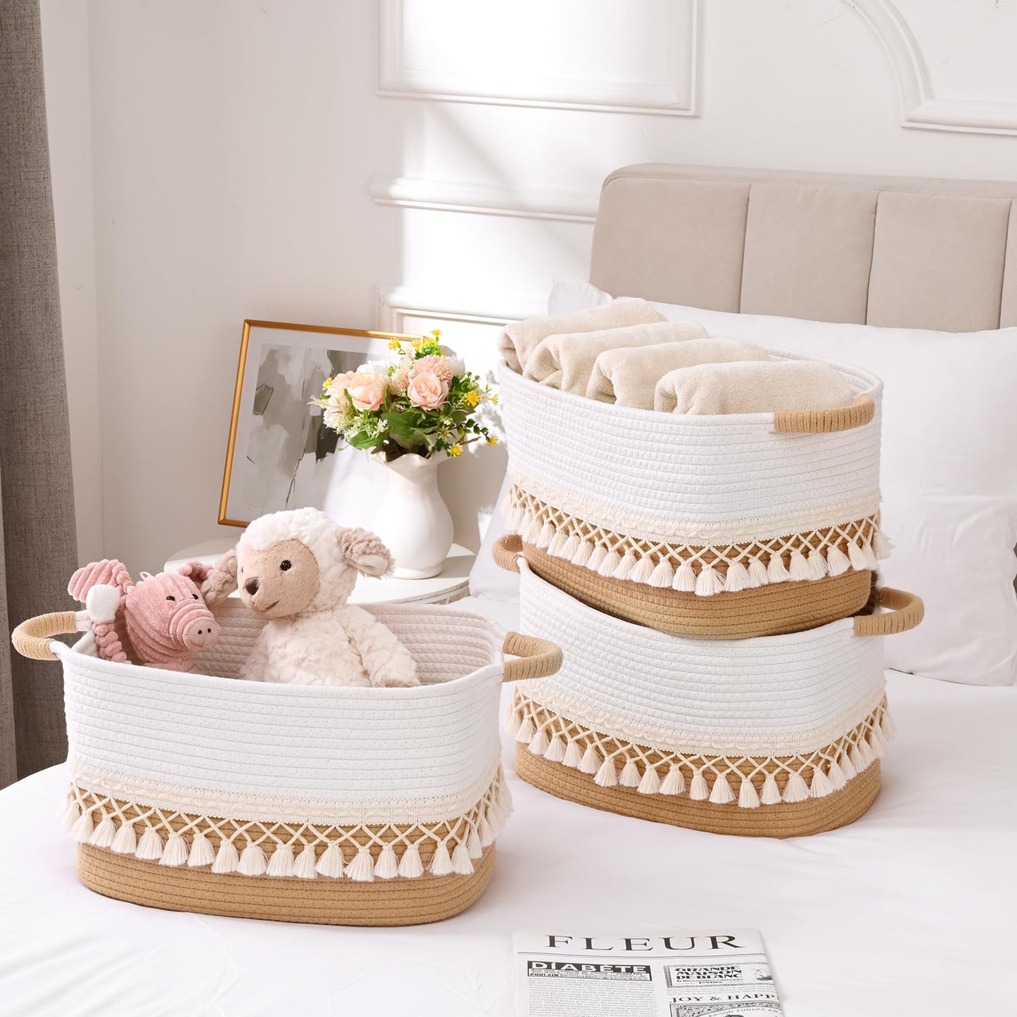 2 Pack Storage Basket for Shelves, Boho Cotton Rope Storage Bins with Heavy Tassel, Shelf Baskets Large Woven Baskets for Organizing, Cube Organizer Bins, Baby Laundry Basket for Clothes, Toys, Pets