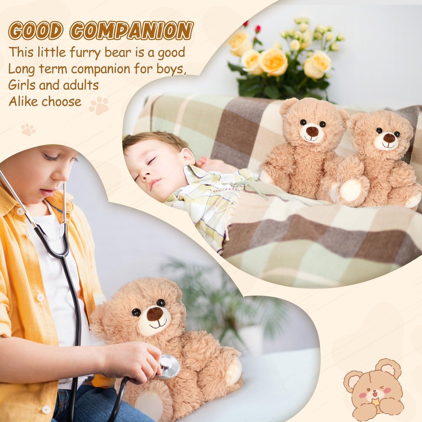 Jenaai 8 Pcs 10 Inch Bear Stuffed Animals Bulk Cute Baby Shower Small Plush Bears Party Favors for Baby Shower Wedding Birthday Graduation Centerpiece Decoration(Stylish,Light Brown)