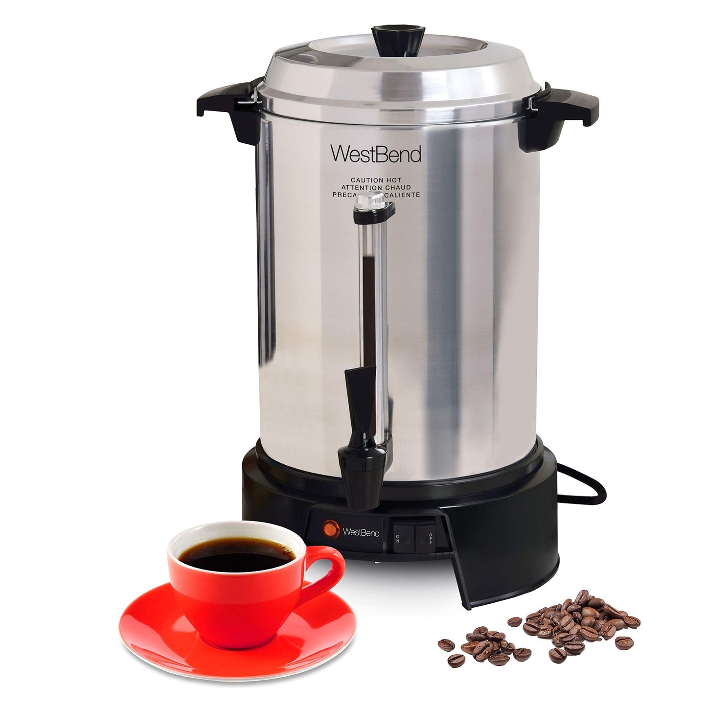 West Bend Commercial Coffee Urn Highly-Polished Aluminum Features Automatic Temperature Control Large Capacity with Quick Brewing Smooth Prep and Easy Clean Up NSF Approved, 55-Cup, Silver
