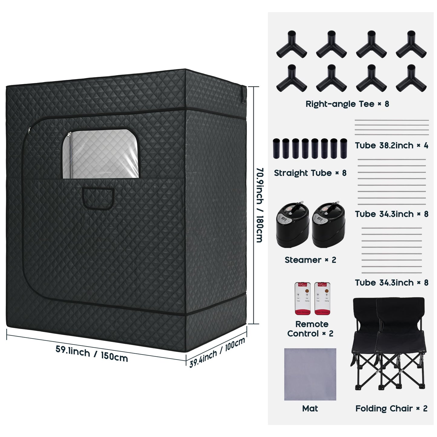 Albott 2 Person Steam Sauna for Home, Portable Sauna Tent with 3L 1500W Steamer, Extra Large Size 4.9’ x 3.3’ x 5.9’ Full Body Home Spa, Remote Control, Folding Chair, Grey