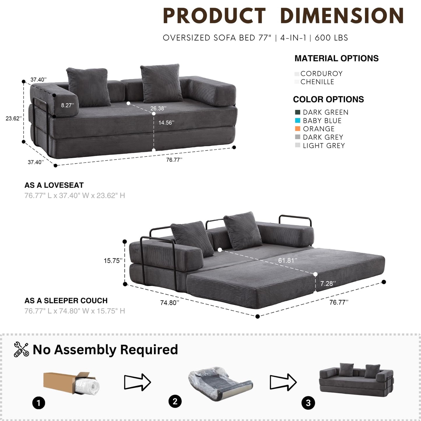 BRITEMART 4-in-1 Folding Convertible Sofa Bed, 77" Floor Couch with Pillow - Corduroy Fabric & High-Density Sponge & Fixed-Shape Frame, Modular Sofa for Living Room/Lounge/Studio, Dark Grey