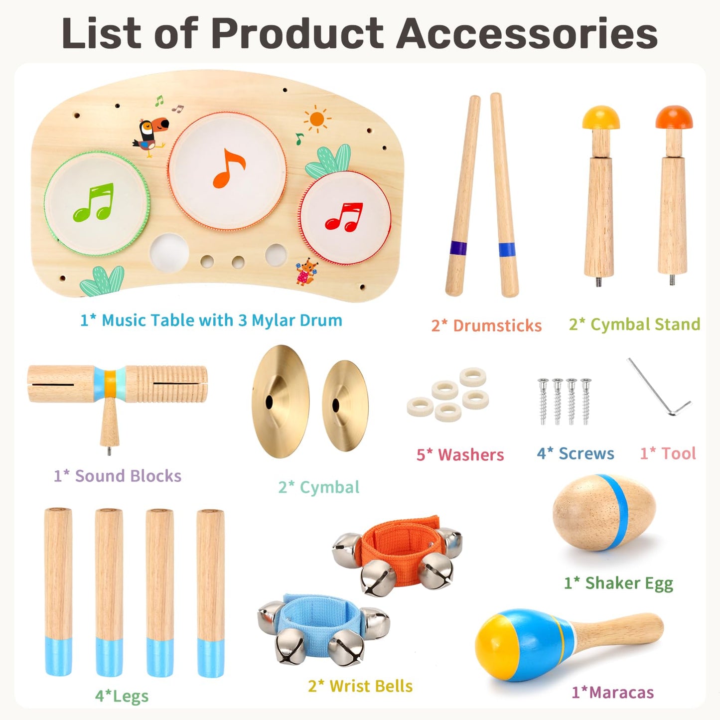 WINGYZ 11-in-1 Toddler Drum Set-Wooden Baby Musical Instruments & Montessori Musical Toys for Toddlers 1-3, Music Table with Bongo Drums, Cymbals, Maracas & Wrist Bells for Early Rhythm Play
