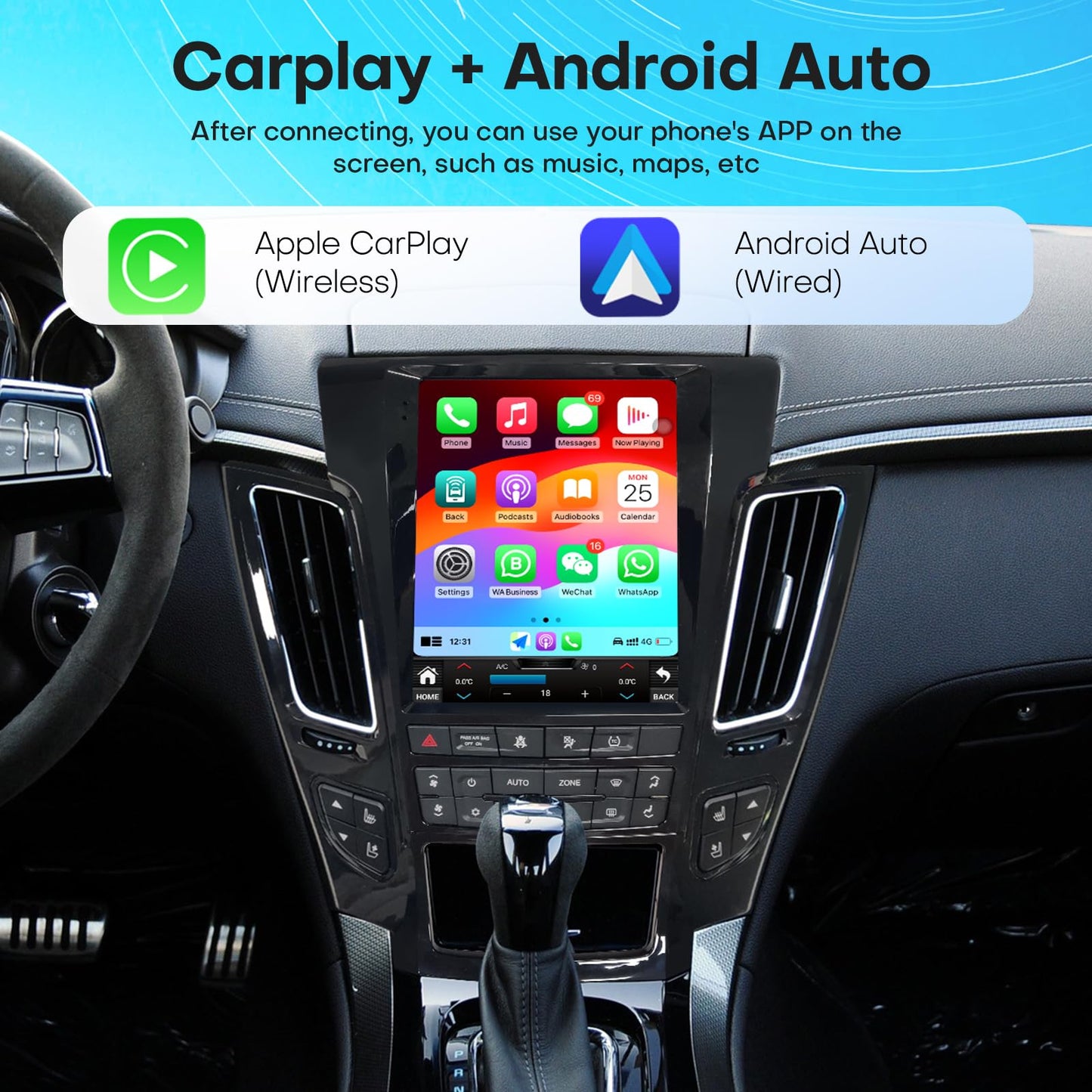 Car Radio for Cadillac CTS 2008-2012 Stereo Replacement Upgrade Carplay Android Auto Vertical Touch Screen Tesla Style with DSP in Dash Headunit Multimedia Player Audio Voice Control (Black)