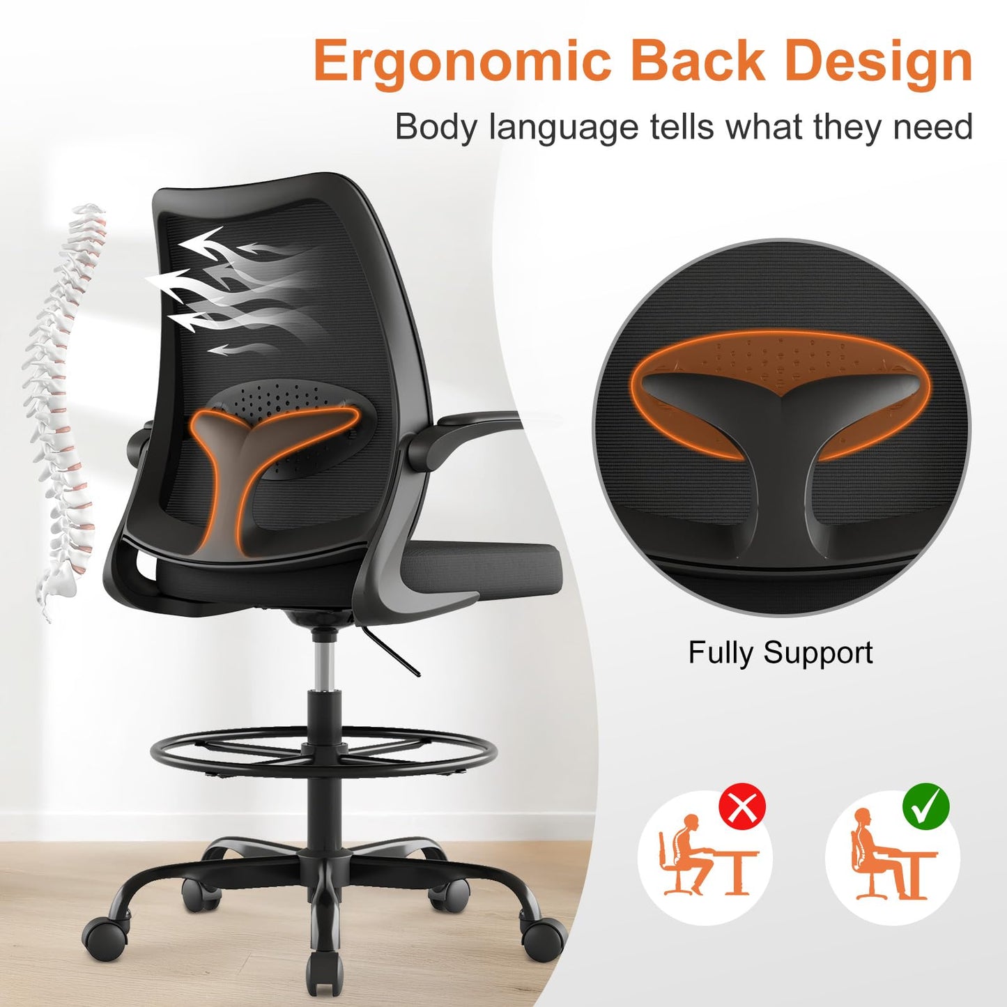 BERYTH Tall Office Chair for Standing Desks,High Desk Drafting Chair with Adjustable Footrest Ring,Ergonomic Lumbar Support,Flip-Up Armrests for Home Office,Black