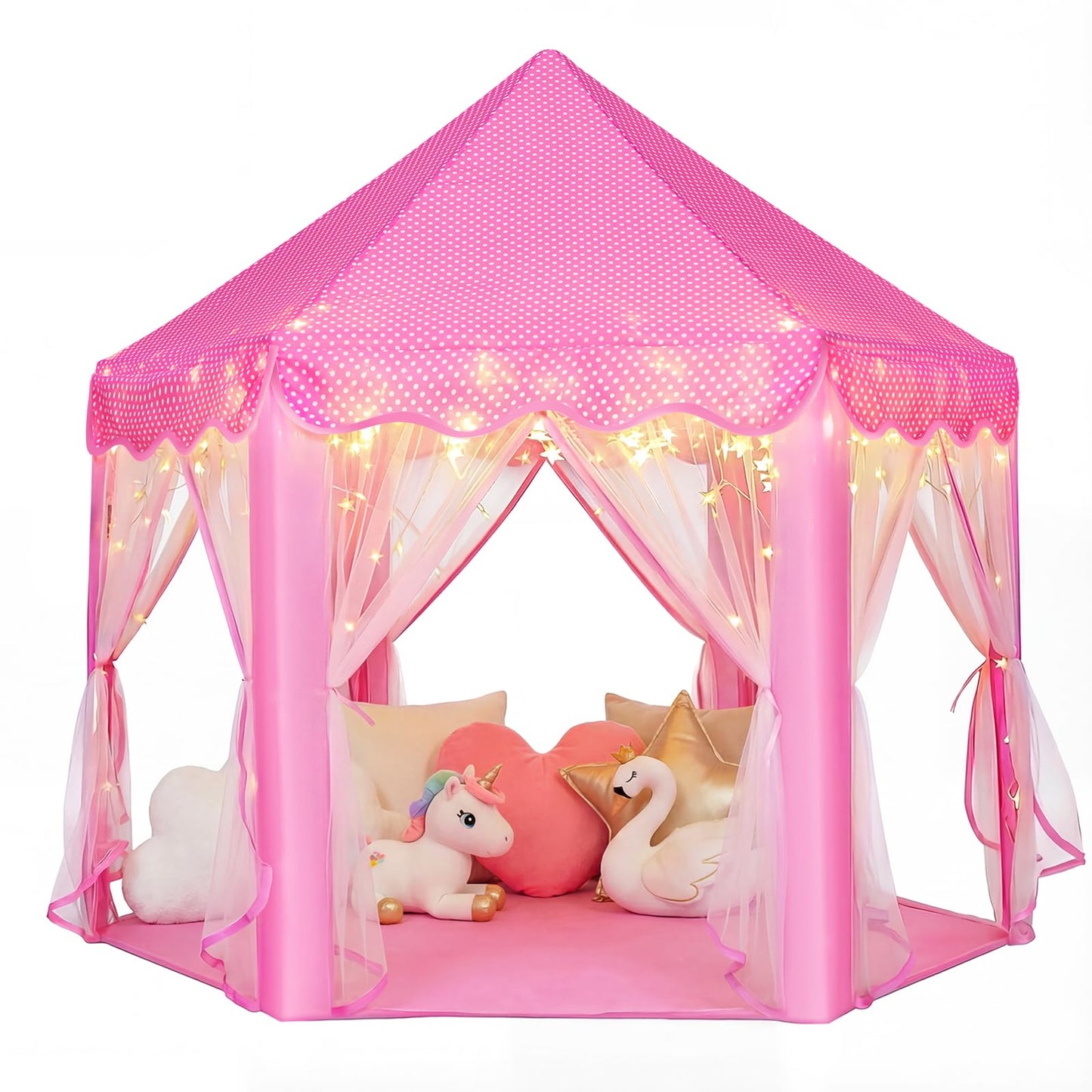 wilwolfer Princess Castle Play Tent for Girls Large Kids Play Tents Hexagon Playhouse with Star Lights Toys for Children Indoor Games (Pink)