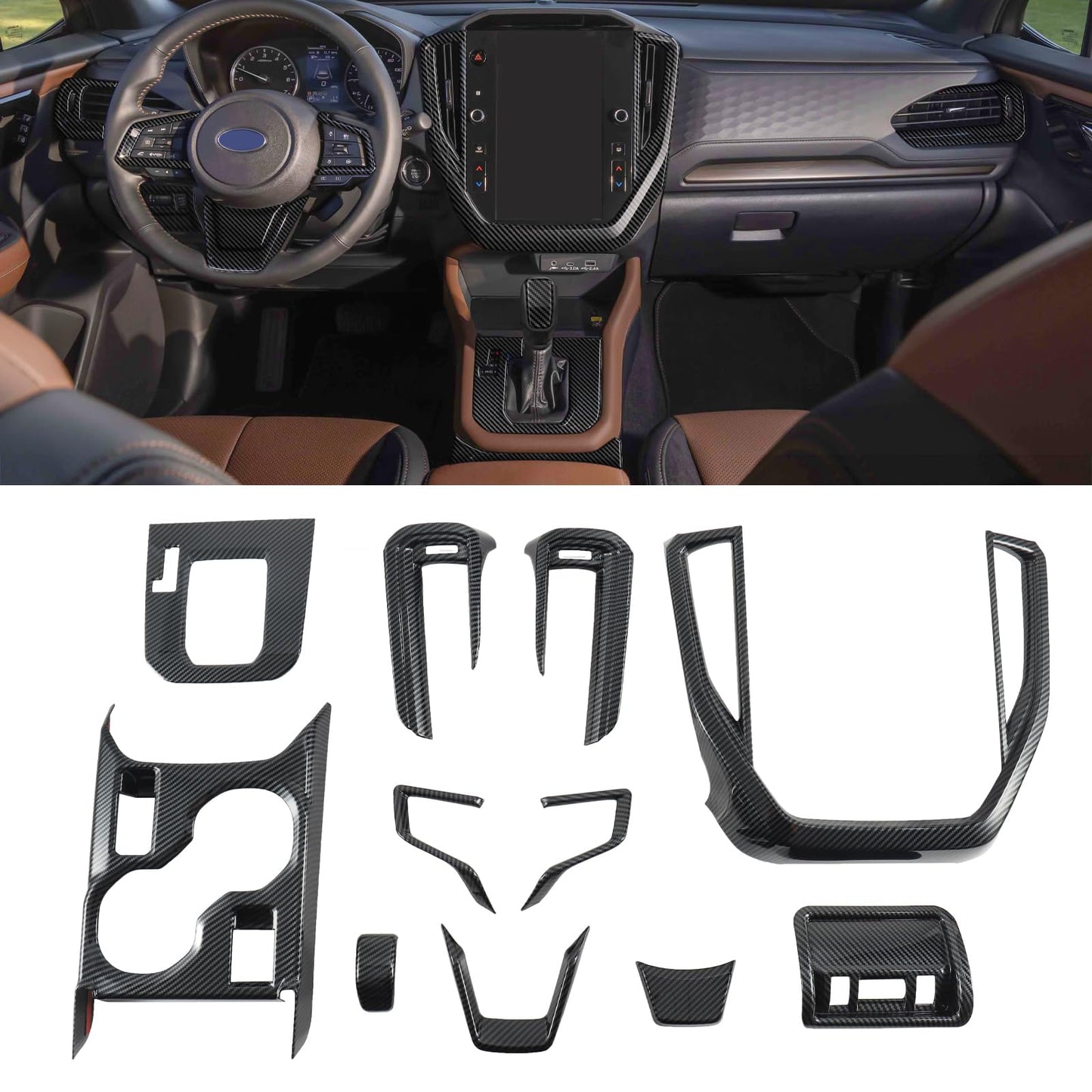 Tempsnow Interior Trim for Subaru Forester 2025 2026 Carbon Fiber Gear Shift Panel with Steering Wheel Trim