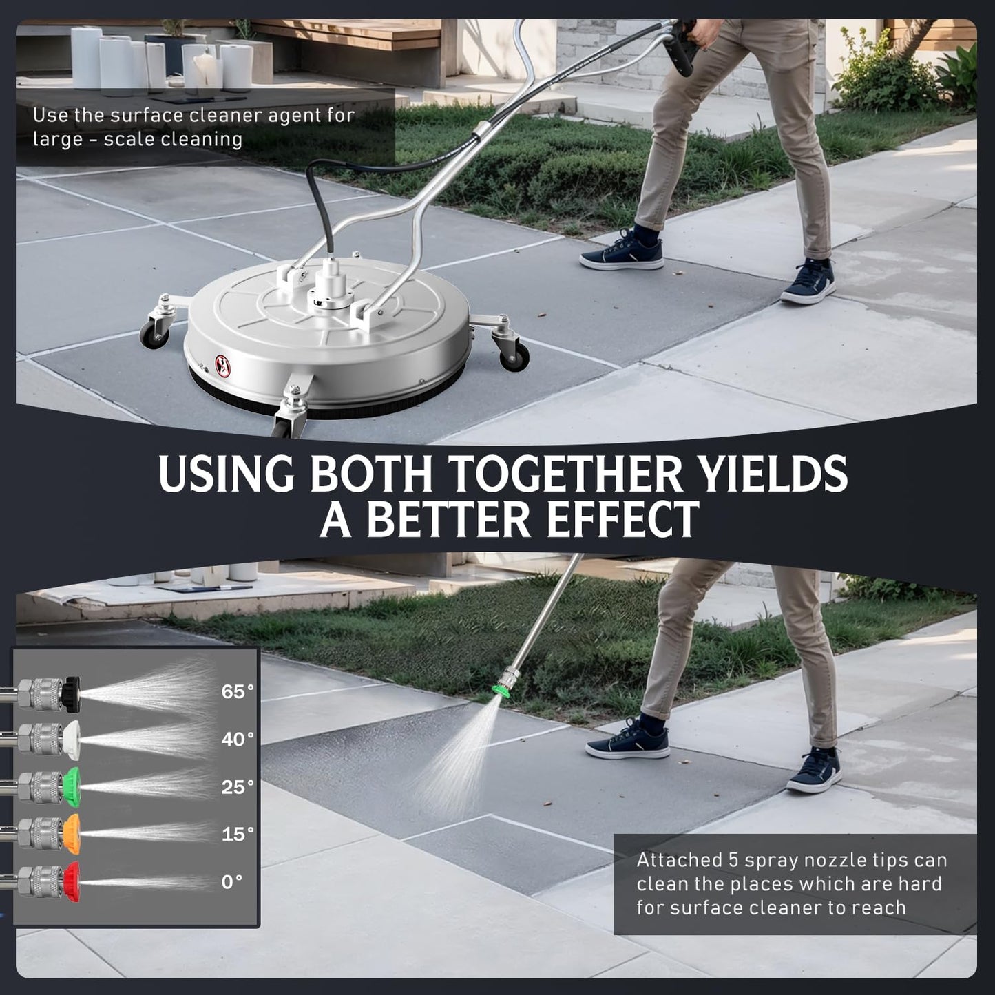 RAYNEL 30'' Pressure Washer Surface Cleaner with 4 Wheels, Dual Handle, Stainless Steel Housing, 2 Hose Adapters, 4 Replacement Nozzles and 5 Spray Nozzles