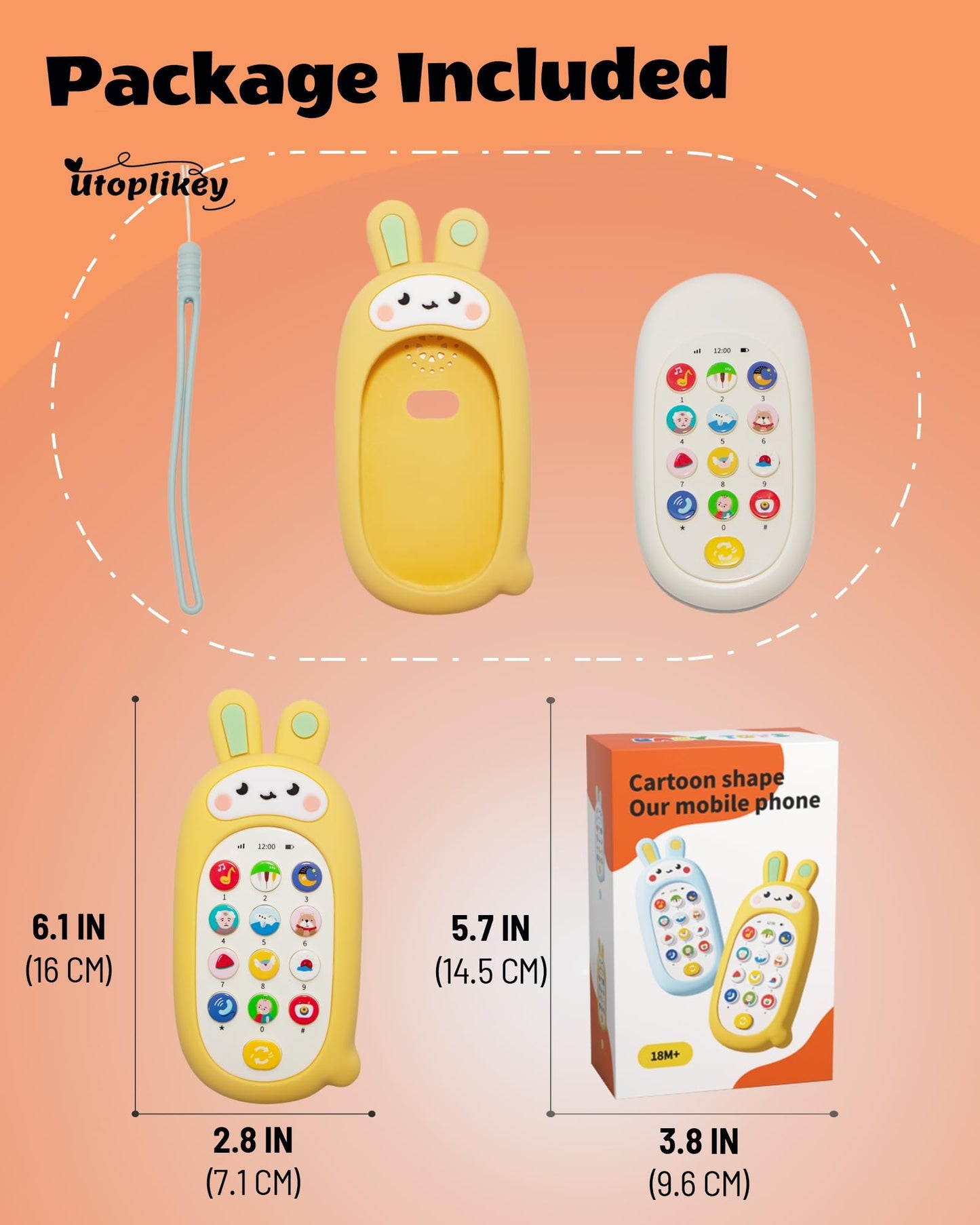 UTOPLIKEY Baby Cell Phone Toy with Teething Silicon Mobile Phone Shell, Sensory Comfort Toys with 12 Learning Modes & Soothing Lullabies, Gift for Toddler Infants Baby Shower Birthday (Yellow Bunny)