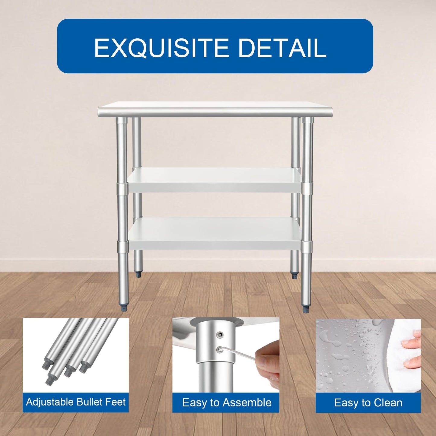 HARDURA Stainless Steel Prep & Work Table 24 x 36 Inches NSF Heavy Duty Commercial with Two Undershelves, Galvanized Legs for Commercial Food Prep