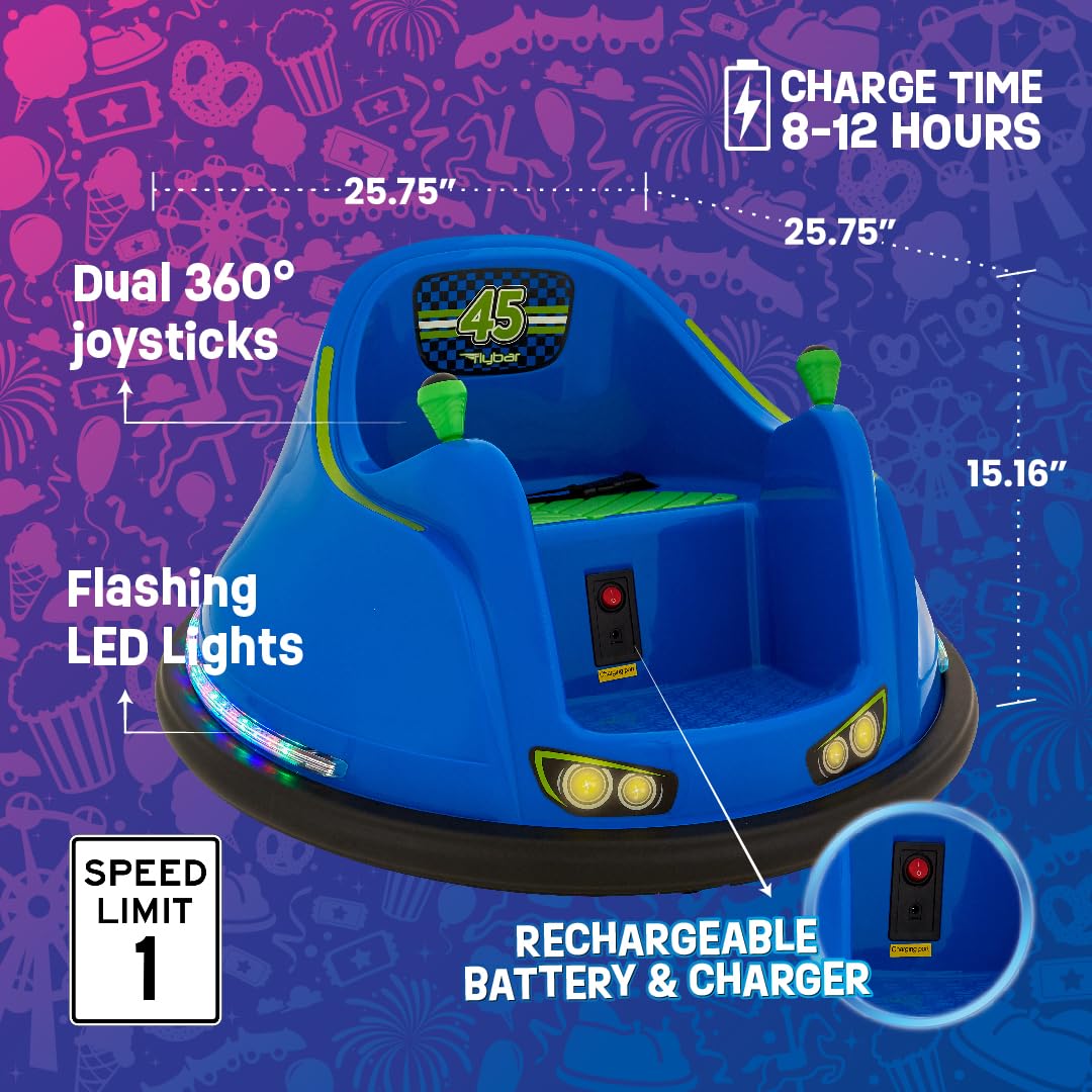 Flybar FunPark Electric Bumper Car 6V for Toddlers, Kids, Baby Ride On Toys, Ages 1.5-4 Years, LED Lights, 360 Degree Spin, Supports up to 66 pounds (No Remote)