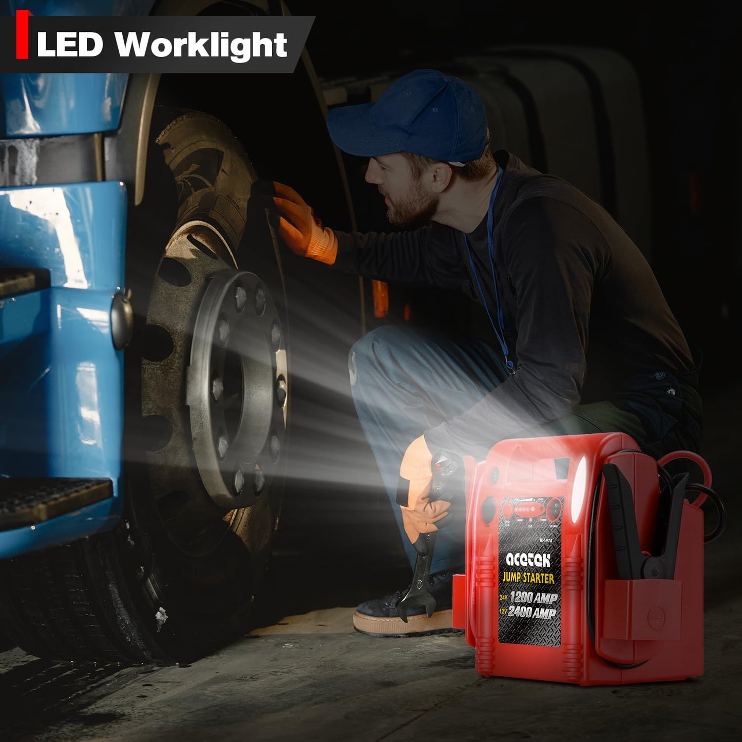 12V / 24V Jump Starter, acetek 2400/1200 Peak Amp Battery Jump Starter for Truck Car Tractor Excavator, Heavy Duty Jump Box Battery Pack with USB and DC Output