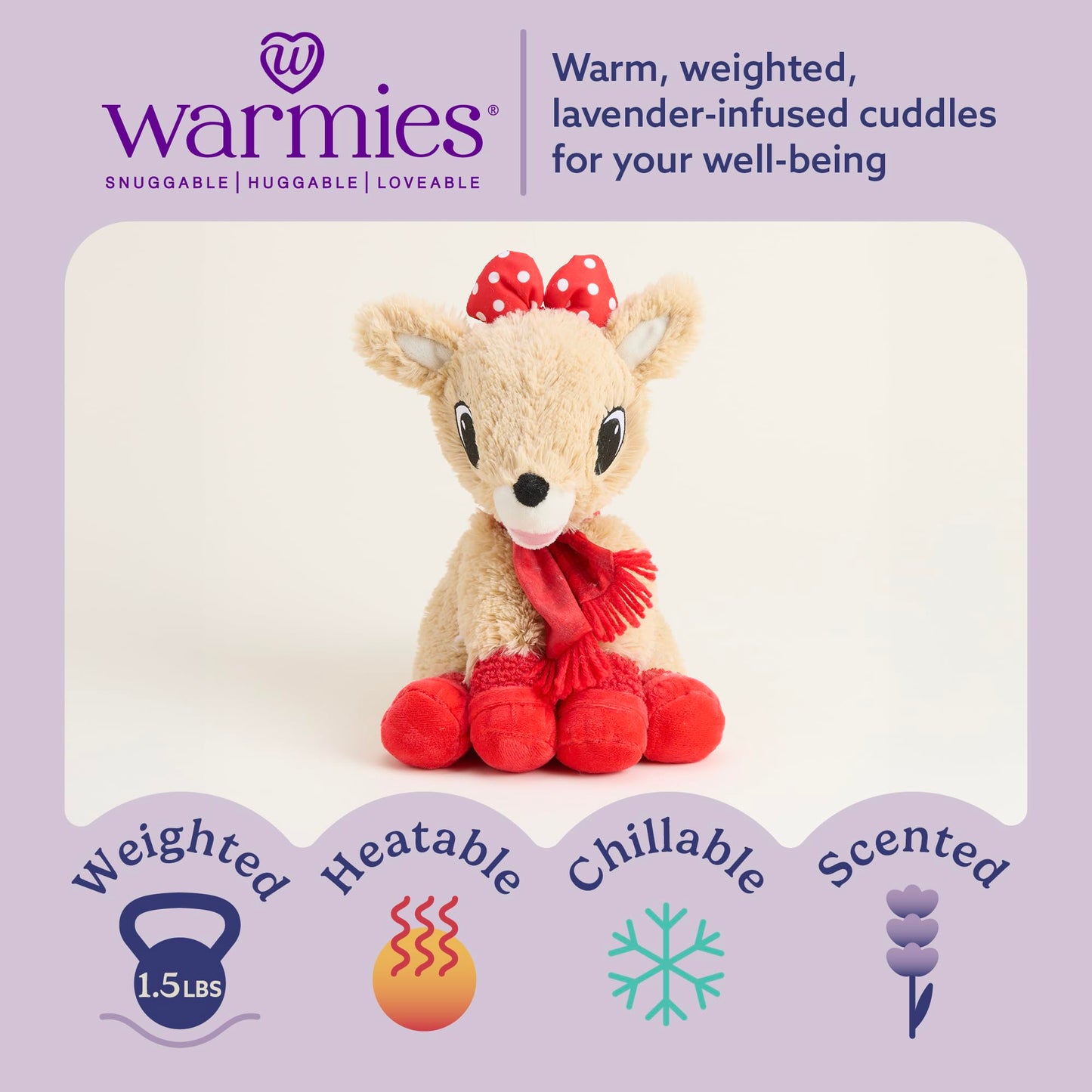 warmies Microwavable & Weighted Stuffed Animals, Clarice with Scarf - Heated Stuffed Animal Plushie for Warmth & Comfort - Christmas Winter Soft Plush Toys for Children (Boys, Girls, Babies & Toddler)