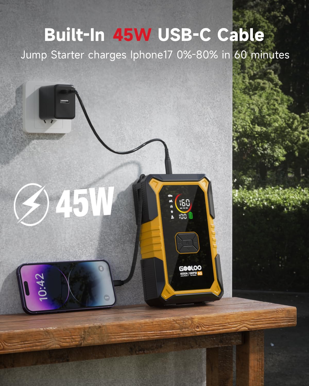 GOOLOO A5 Car Jump Starter with Air Compressor, 4000A Portable Car Jump Starter (All Gas/10.0L Diesel) with 160PSI Auto-Off Tire Inflator, 45W Output Power Bank,12V Battery Jumper Starter Portable