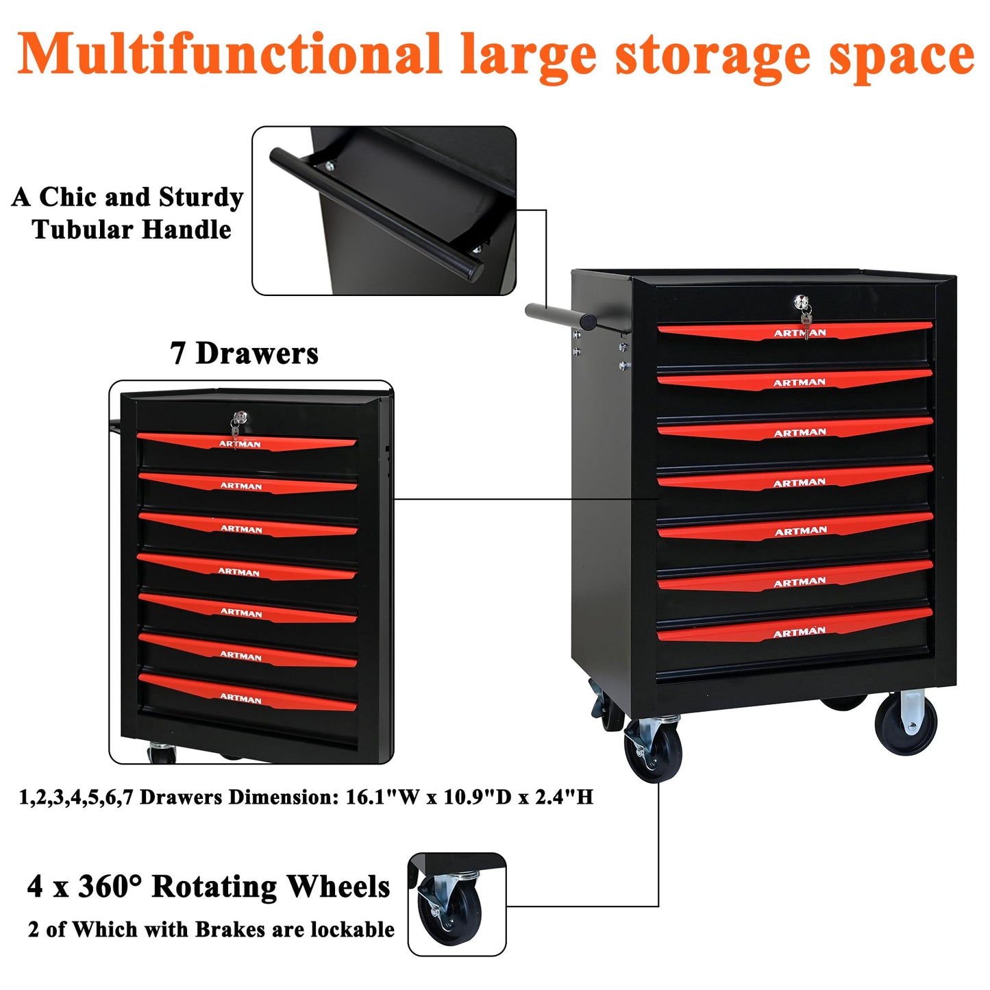 nifoti 7 Drawers Tool Cart on Wheels, Multifunctional Rolling Tool Storage Chest, Drawers Rolling Trolley Organizer Tool Box for Warehouse, Garage, Workshop, Repair Shop (7 Drawers-30.5"H)