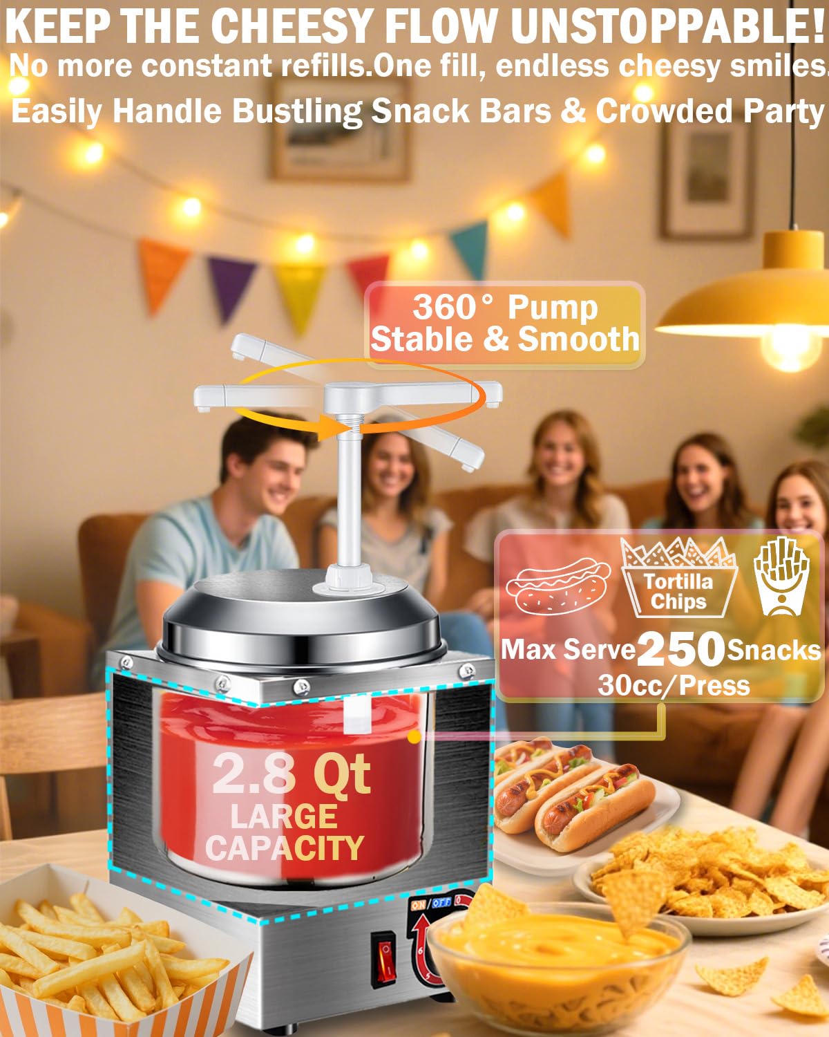 Nacho Cheese Dispenser with Pump - 2.8QT Stainless Steel Nacho Cheese Hot Fudge Sauce Warmer Machine with 6-Level Temperature Control, Commercial Dispenser for Hot Chocolate, Hot Fudge, and Caramel