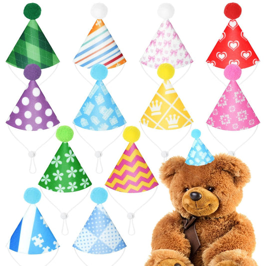 12 Pcs Mini Party Hats for Stuffed Animals Birthday Party Felt Cone Hats Cats Dogs Rabbit Dolls Puppies Assorted Animal Party Decorations