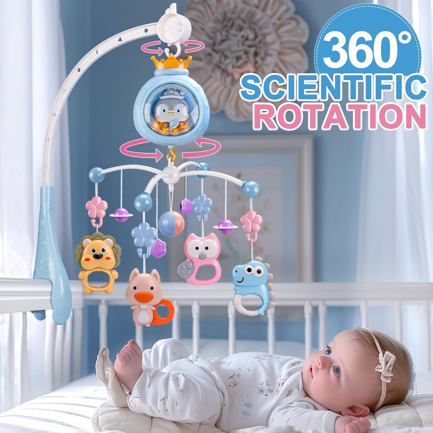 ZFSZSY Crib Mobile with Music and Lights,Mobiles for Cribs, Baby Mobile Arm Toys Hanging for Girls Boys Infants 0-6 6-12 Months, Bassinets Nursery Musical Portable Mobile Clip On Pack and Play(Bule)