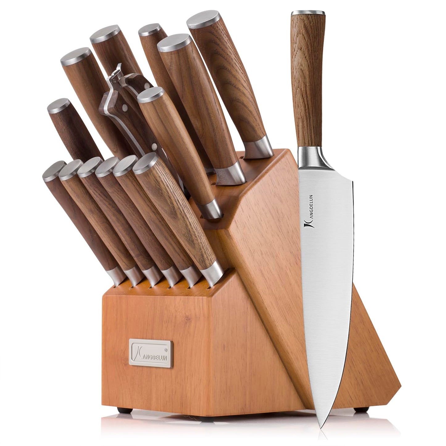 Kangdelun Ultra Sharp 15-Piece Knife Set, 50Cr15MoV High-Carbon Stainless Steel, Torrefied Brown Ash Wood Handles, Angled Golden Brown Wood Block, Easy Hand Wash, Gift Box