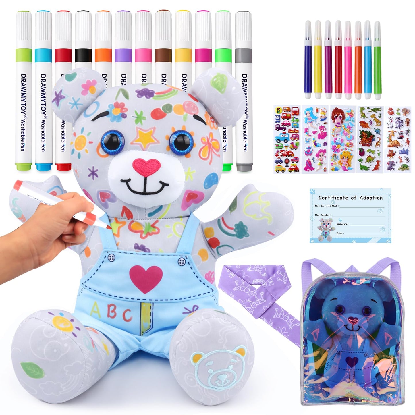DRAWMYTOY DIY Coloring Plush Toy with Washable Markers, Scribble Pets Stuffed Animal, Doodle Dolls Art Toy for Boys and Girls Ages 3-8, Birthday Gift (Blue Bear Set)