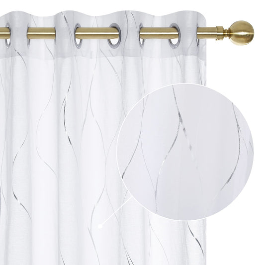 Deconovo Semi Sheer Curtains 2 Panels, 52W x 84L Inch Each, Grommet Top Voile, Light-Filtering Day Privacy, Silver Wave Foil Pattern, Living Room/Bedroom Window Drapes, Easy Hang