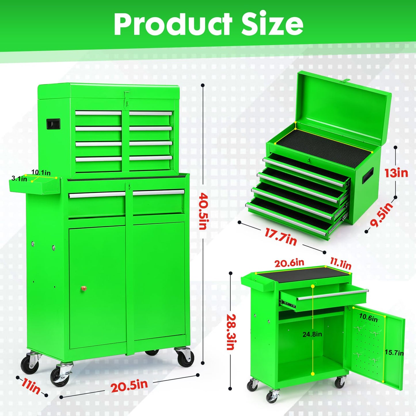 Dawmilon 5-Drawer Rolling Tool Chest with Wheels - Large Tool Storage Cabinet with Detachable Toolbox for Repair Room,Warehouse - Rolling Tool Box with Hooks,Liners, Green