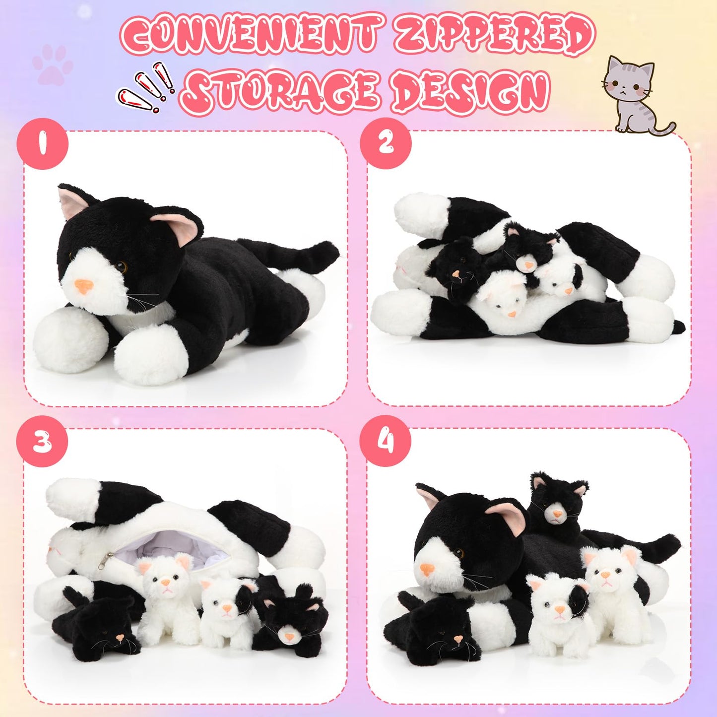 Skylety 5 Pieces Cat Stuffed Animal with Babies Inside Belly Plush Cat Pregnant Mommy Kitty with 4 Cute Fluffy Stuffed Kittens Christmas Birthday Surprise Gifts(Black, White)