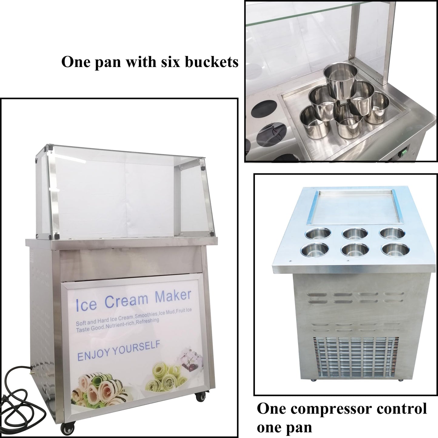 HQHAOTWU Stainless Steel Fried Ice Cream Maker Machine Commercial Rolled Icecream Maker Electric Single Square Pan Fried Yogurt Cream Machine with 6 Buckets, Lamp and Dust Cover 110V