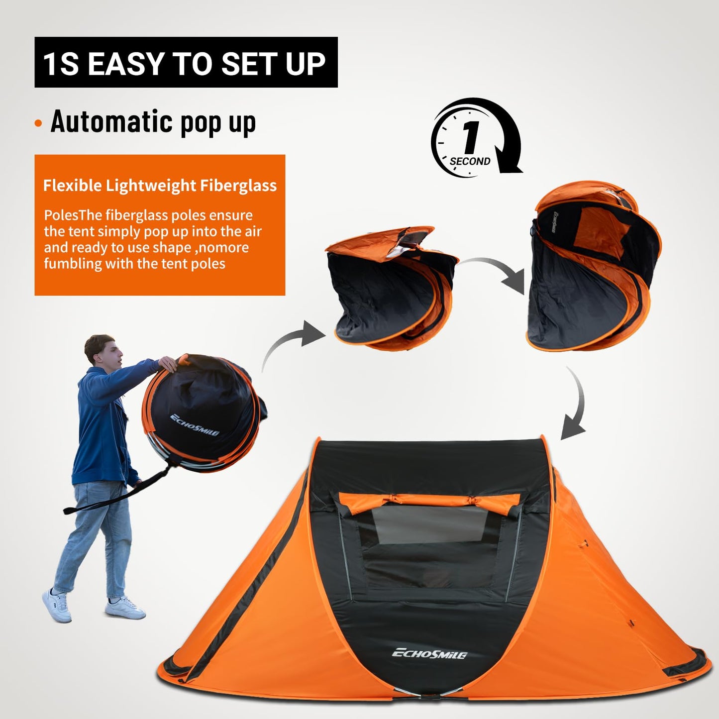 EchoSmile Instant Pop Up Camping Tent, 2 Person Easy Setup Tent, Water Resistant Dome, Portable with Carry Bag(Black & Orange,2 Person)