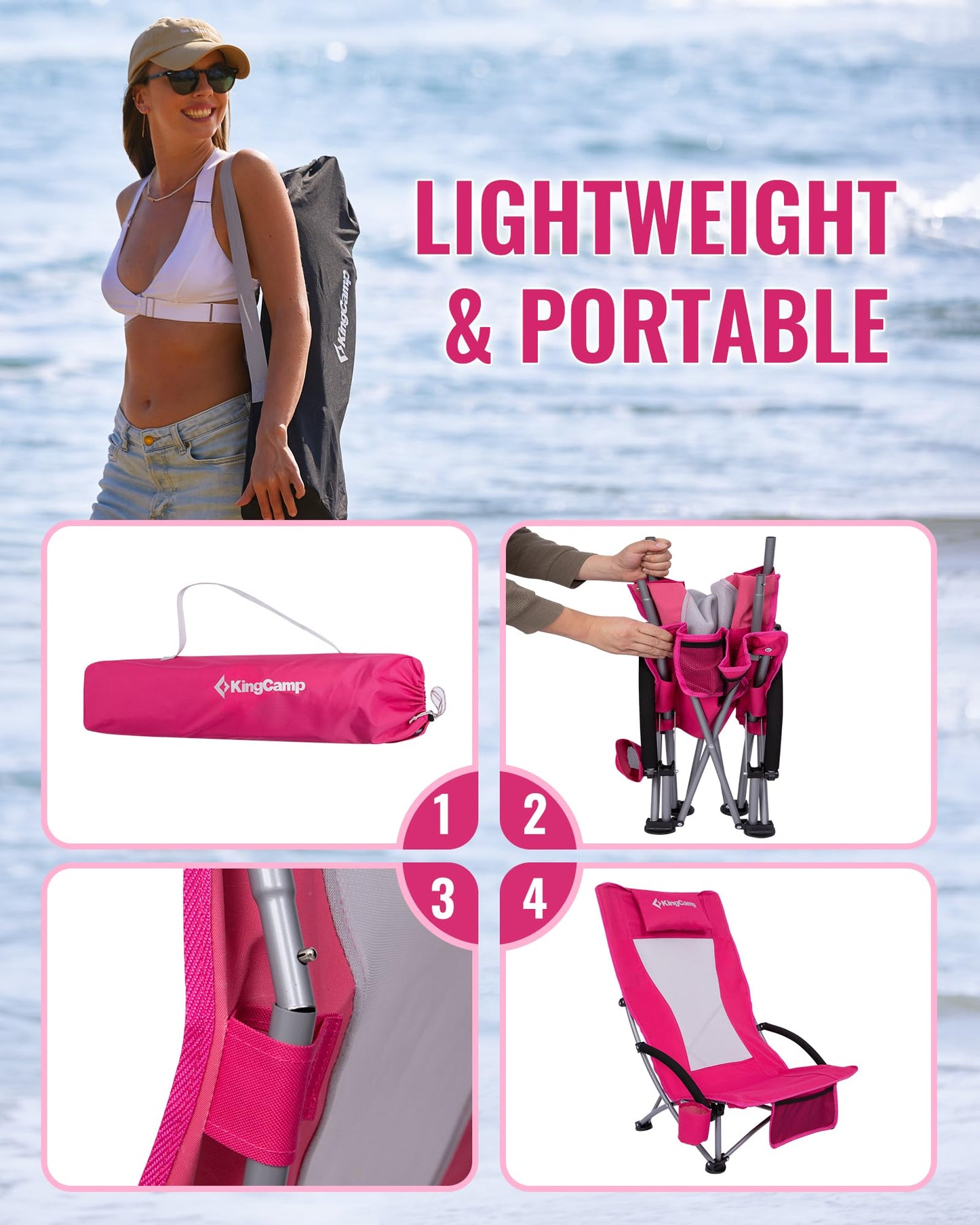KingCamp Low Beach Chairs, Portable Folding Chair for Adults Extra Wide Ergonomic High Back Seat 300lbs Heavy Duty Lightweight Oversized Gear with Carry Bag for Outdoor Lawn Camping Picnic