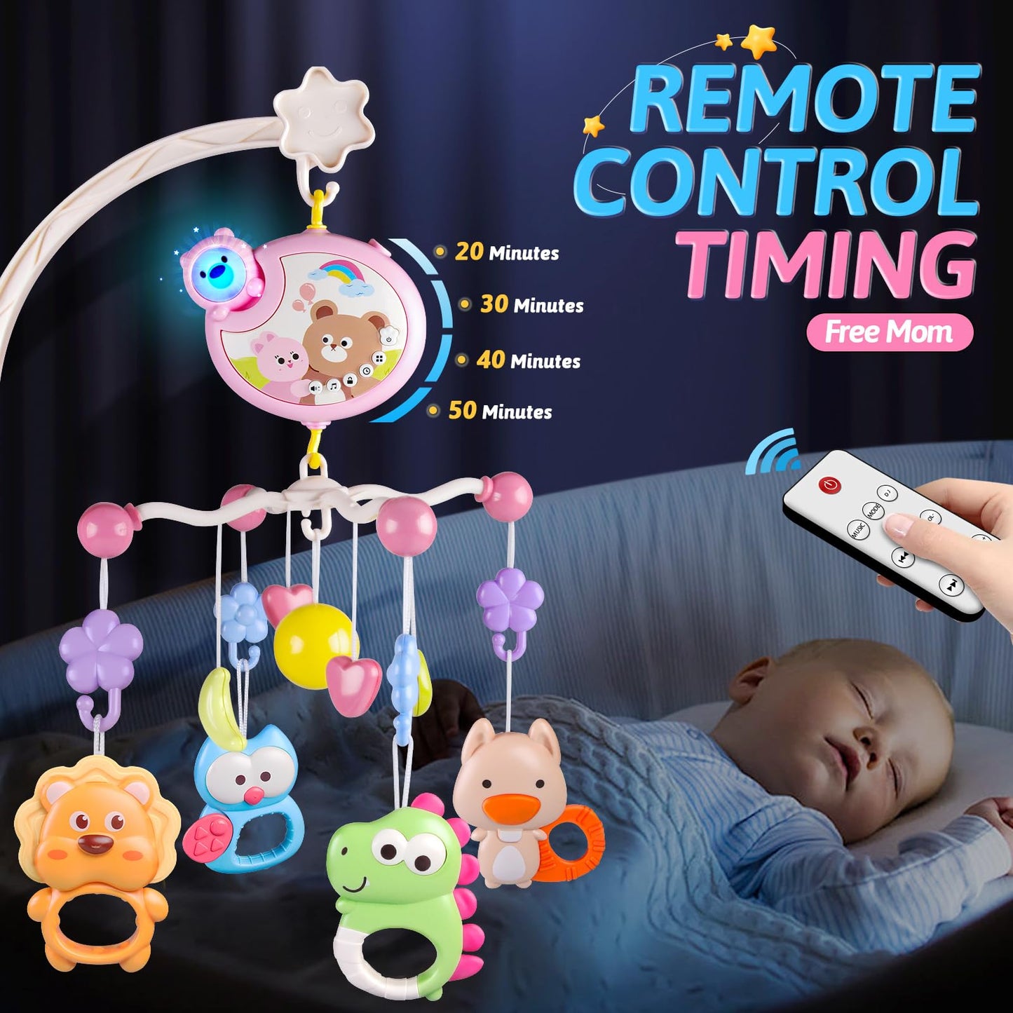 RSEPD Crib Mobile with Music and Lights, Baby Mobiles for Cribs, Nursery Musical Mobile for Bassinets Toys Hanging Girls Boys, Pack and Play Space Portable Animal Mobile Hanger Arm Clip On Attachment