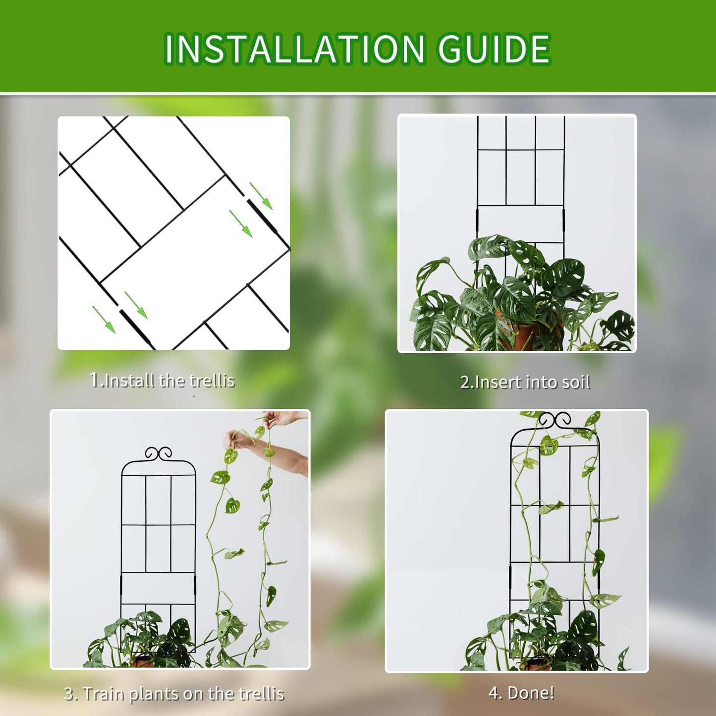 4 Pack 31'' Plant Trellis for Climbing Plants Indoor & Outdoor, Metal Trellis for Potted Plants, Plant Support for Houseplant, Vines, Pothos, Rose, Ivy, and Flowers, Black