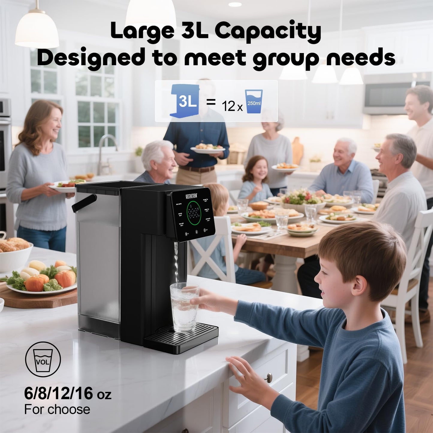 Aesthetern Instant Hot Water Dispenser Countertop for Rapid Heating, Electric Kettle with 6 Temperature Settings & 4 Volume Options, Water Boiler with 3L Removable BPA-Free Water Tank