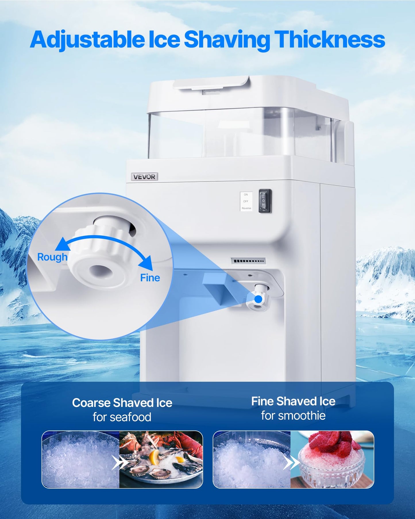 VEVOR Commercial Ice Shaver Crusher, 220lbs Per Hour Electric Snow Cone Maker with 8L Ice Cube Box, 350W 1500RPM Tabletop Shaved Ice Machine for Parties Events Bar, Home and Commercial Use (White)