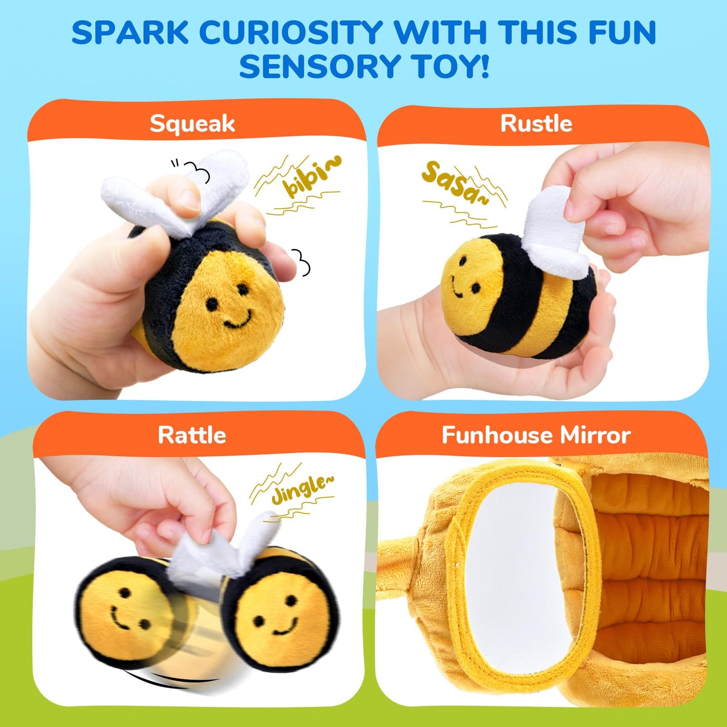 JoyCat Mystery Soft Box+Soft Baby Beehive with 5 Soft Sensory Bees - Honeybee Plush Toy for 0-12 Months - Rattle, Crinkle Paper, Squeaker, Mirror, Busy Toy for Babies 6-12 Months, 0-3 Years Old