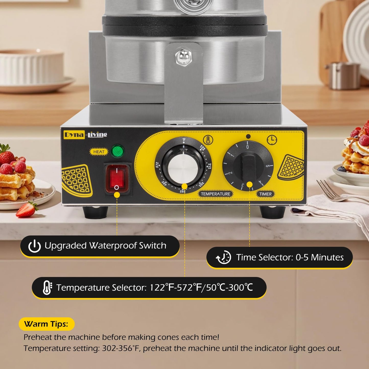 Dyna-Living Single Head Commercial Waffle Maker 1200W & 2-Tanks Commercial Chocolate Tempering Machine Chocolate Tempering Pot