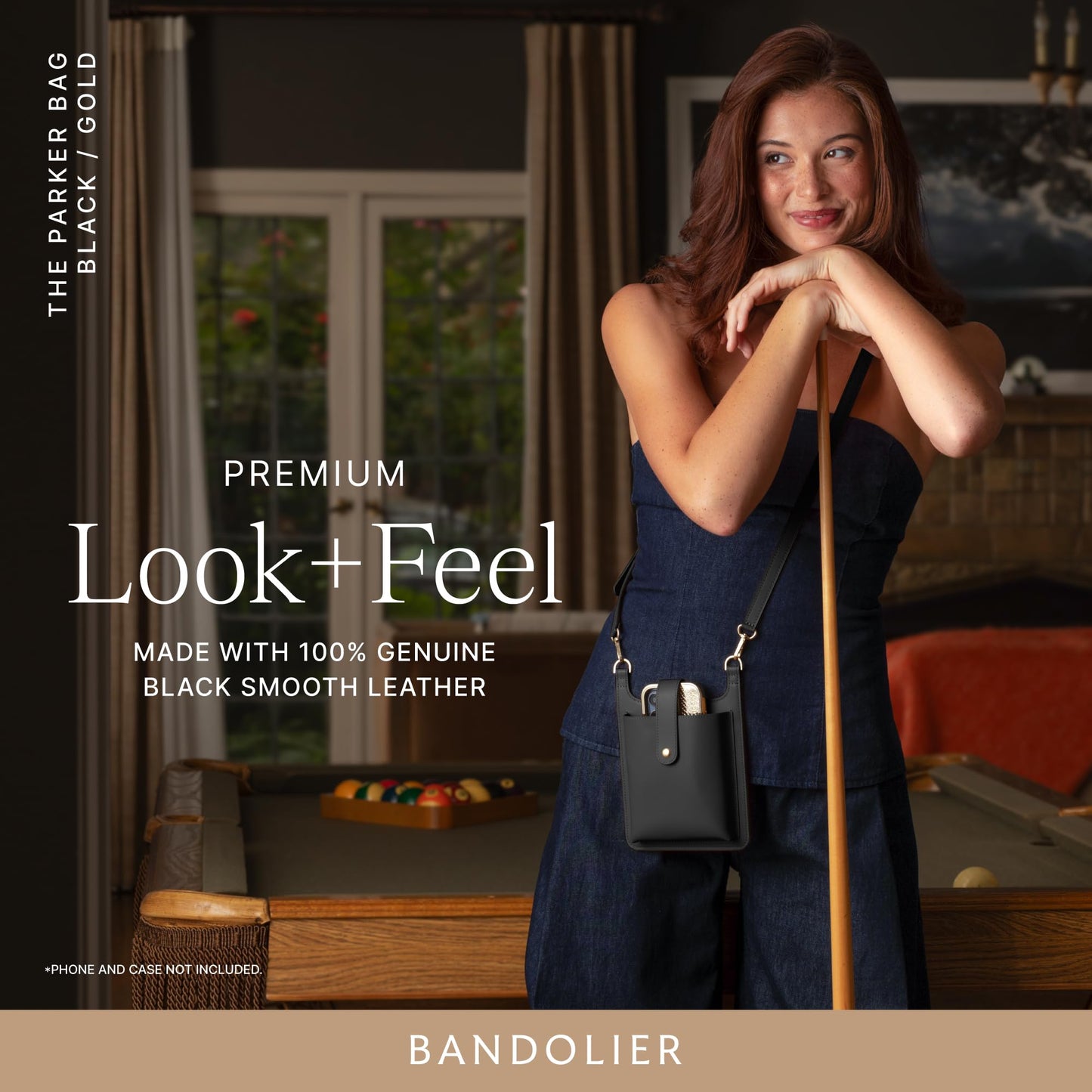 Bandolier Parker Crossbody Cell Phone Bag in Genuine Smooth Leather for Women| Adjustable Strap. Exterior Zipper Pocket for Cards. Gold Luxe Hardware