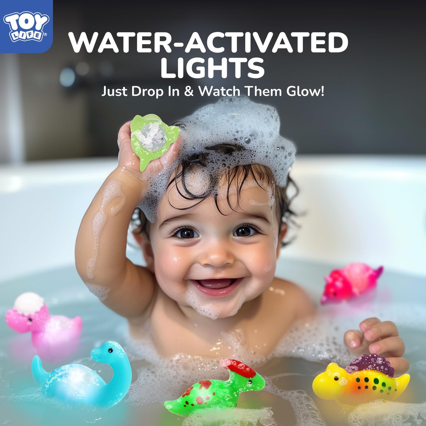 TOY Life 6 PCS Dinosaur Light Up Bath Toys for Kids Ages 4-8, No Hole Glow Bath Toys for Kids, Baby Toddler Bath-Time, Bathtub Toys Gifts for Kids Boys Girls, Ideal for Shower, Bathtub, Pool