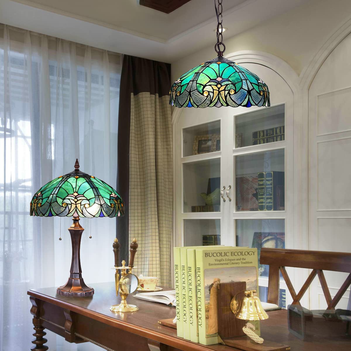 COTOSS Tiffany Table Lamp Sea Green Stained Glass Table Light Antique Style 16 inch Large Desk Lamp 2 Light Victorian Vintage Beside Reading Lamp for Living Room Bedroom Office