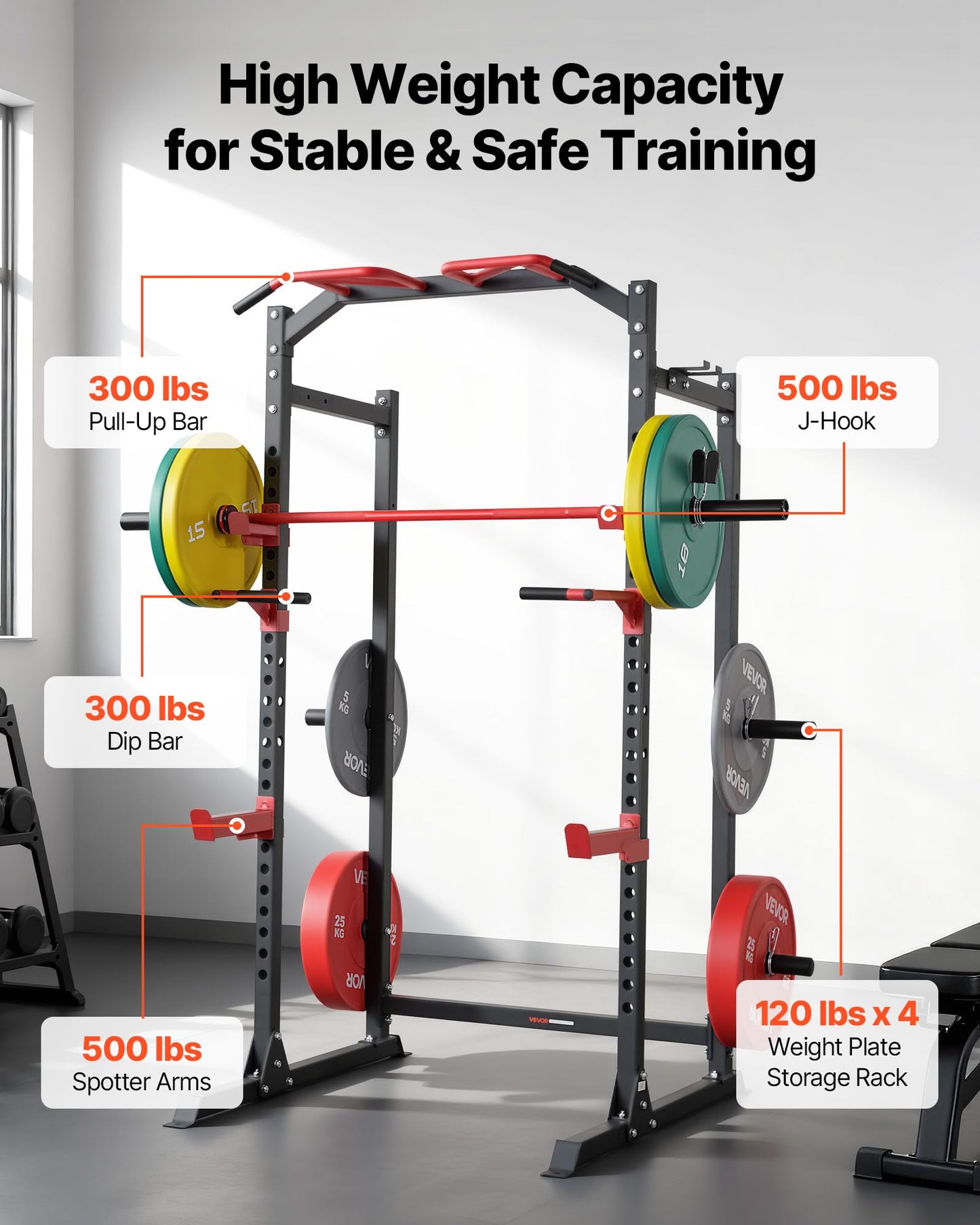 VEVOR Power Cage Power Rack, Multifunctional Barbell Squat Rack with Adjustable Height, Home Gym Strength Training Workout Equipment with J-Hooks & More Fitness Attachment for Bench Press Pull-Up Dips