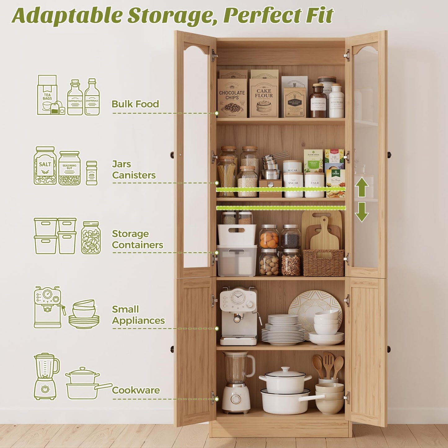 Cyclysio 80" Tall Pantry Cabinet with 4 Doors, Natural Oak Kitchen Pantry Storage Cabinet with Built-in Baseboard Notch & Adjustable Shelves – Kitchen Storage Cabinet for Dining, Living, Office