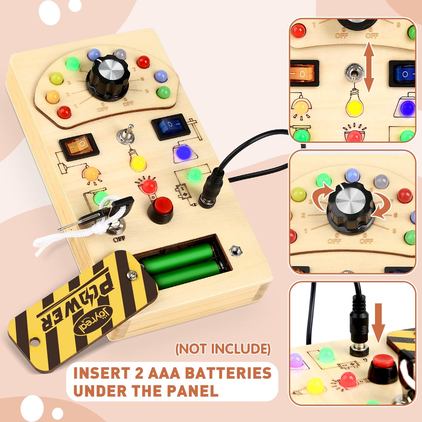 Joyreal Toddler Busy Board, Wooden Montessori Busy Board Sensory Board with LED Light Switch, Sensory Toys Baby Fidget Board Travel Toys for Toddler