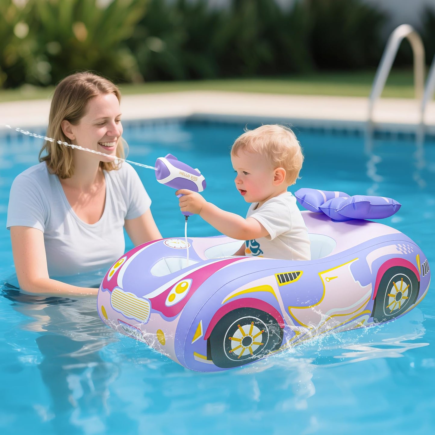 Automatic Water Gun with Baby Pool Float, Inflatable Car Toddler Pool Swimming Float, Pool Toys for 3+ Years Old Girls Boys Kids Purple-1pack