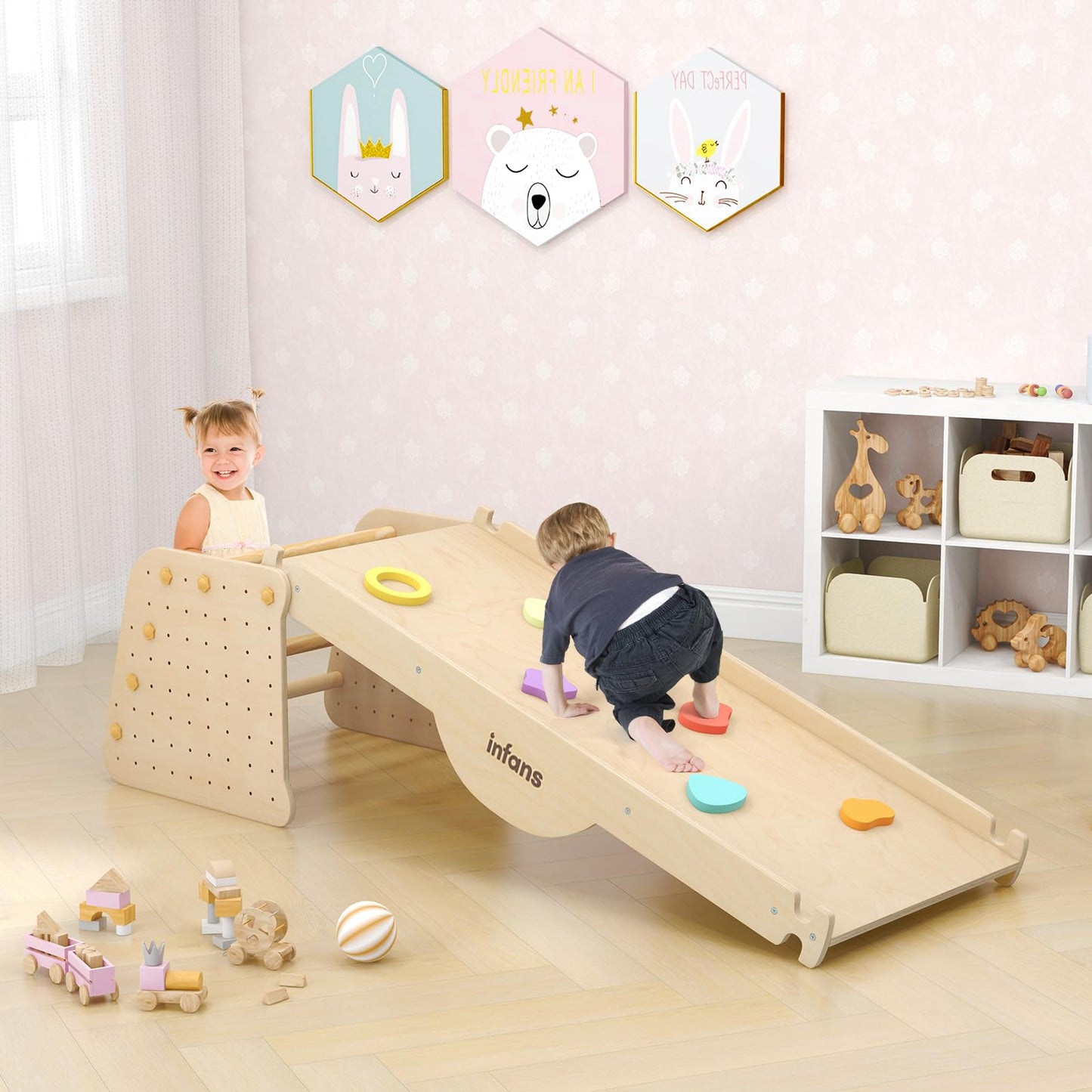 INFANS 7 in 1 Climbing Toys for Toddlers, Upgrade Wooden Montessori Cube Climber Set with Reversible Ramp Slide Ladder Seesaw, Indoor Pikler Climb Activity Jungle Gym Present for Kids Age 3+