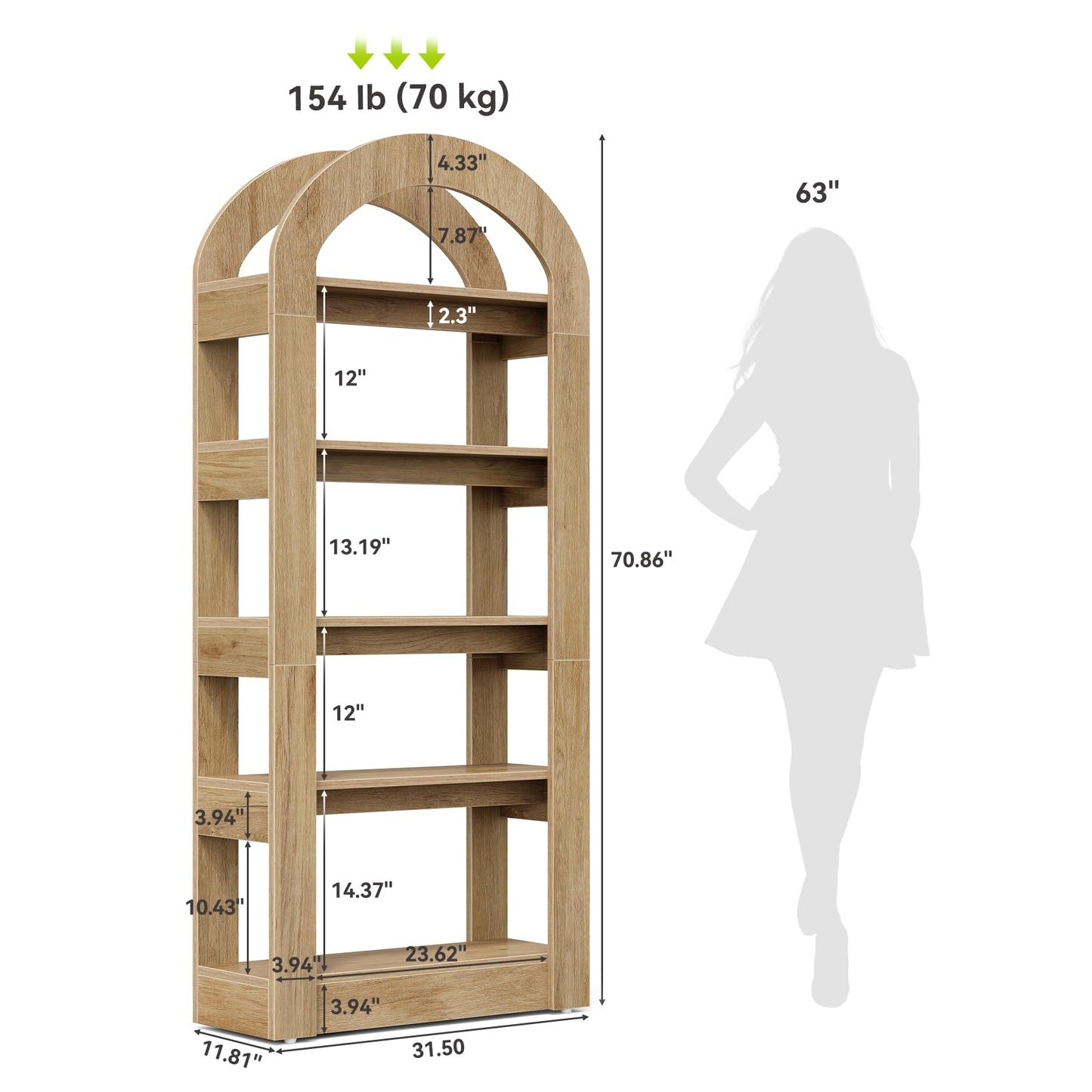 LITTLE TREE 5-Tier Bookshelf, Arch-Shaped Racks, Tall Standing Wooden Bookcase Display Shelf Modern Storage Solution (1, Teak Color)
