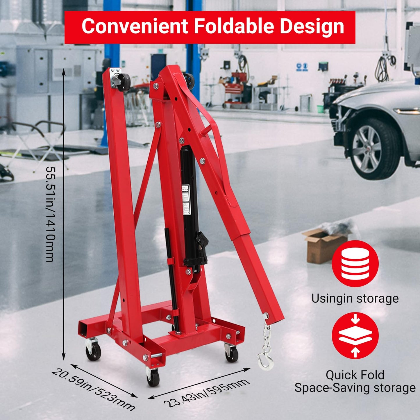 2 Ton Hydraulic Engine Hoist, 4400 LBS Folding Picker Hoist, 6 Casters and Lever Heavy-Duty Hoists for Garage Auto Repair (Red)