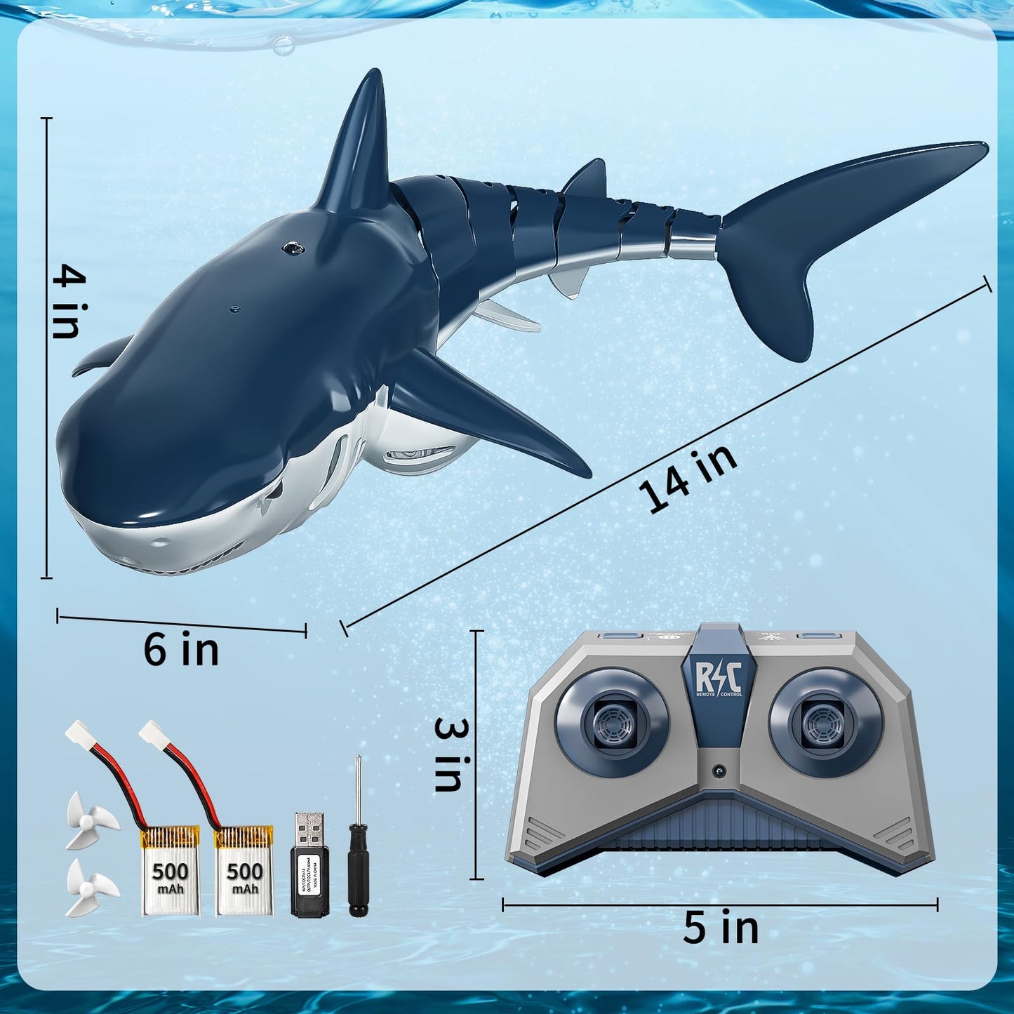 TEMI 2.4GHz Remote Control Shark Toy for Pool, 1:18 Scale RC Shark with 2 Motors, Water Spraying and Light, Rechargeable Outdoor Pool RC Sharks Gifts Toy for Age 3-9 Year olds Kid Boys Girls